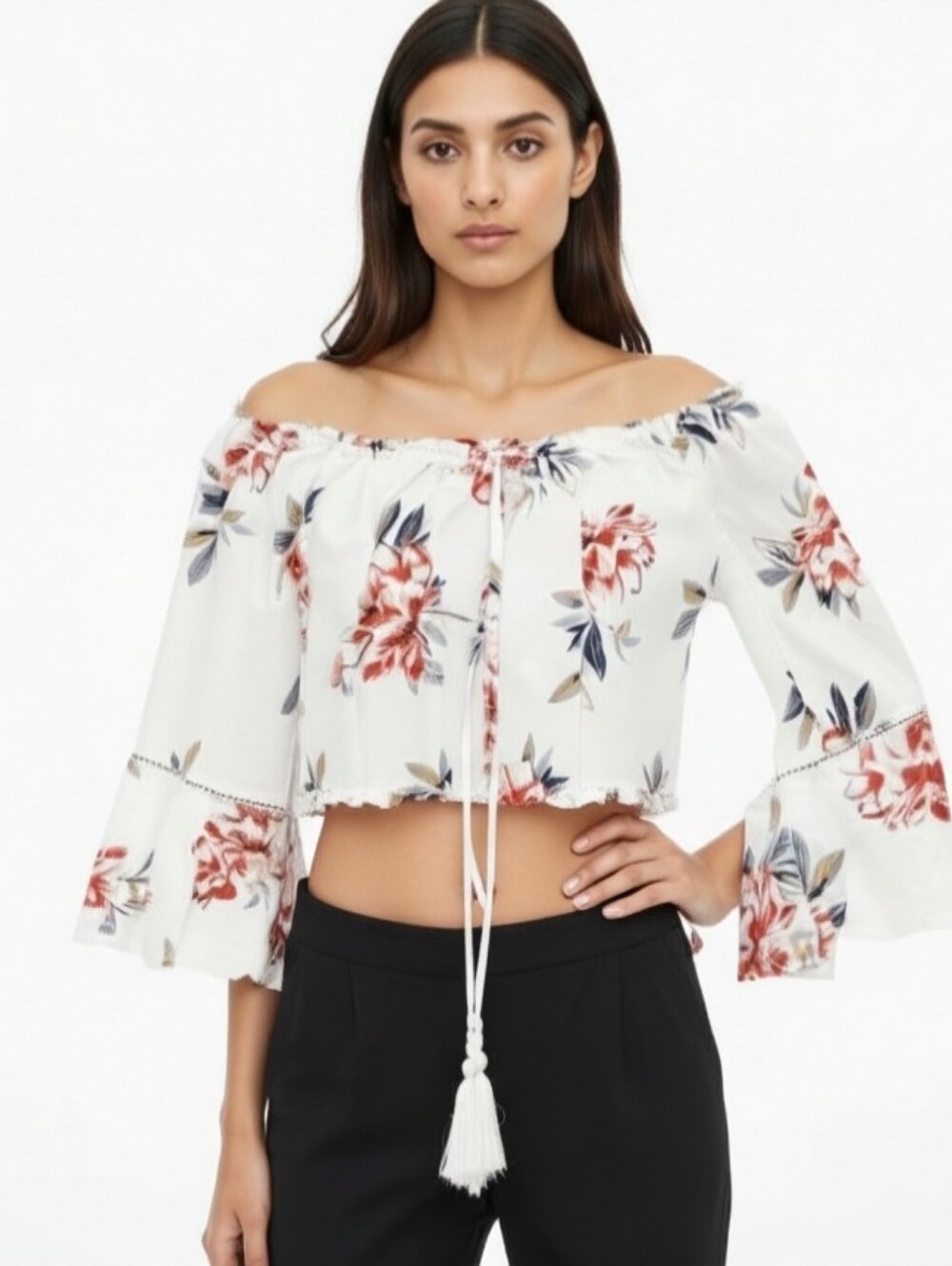 New Look White Off-Shoulder Floral Crop Top with Red Print